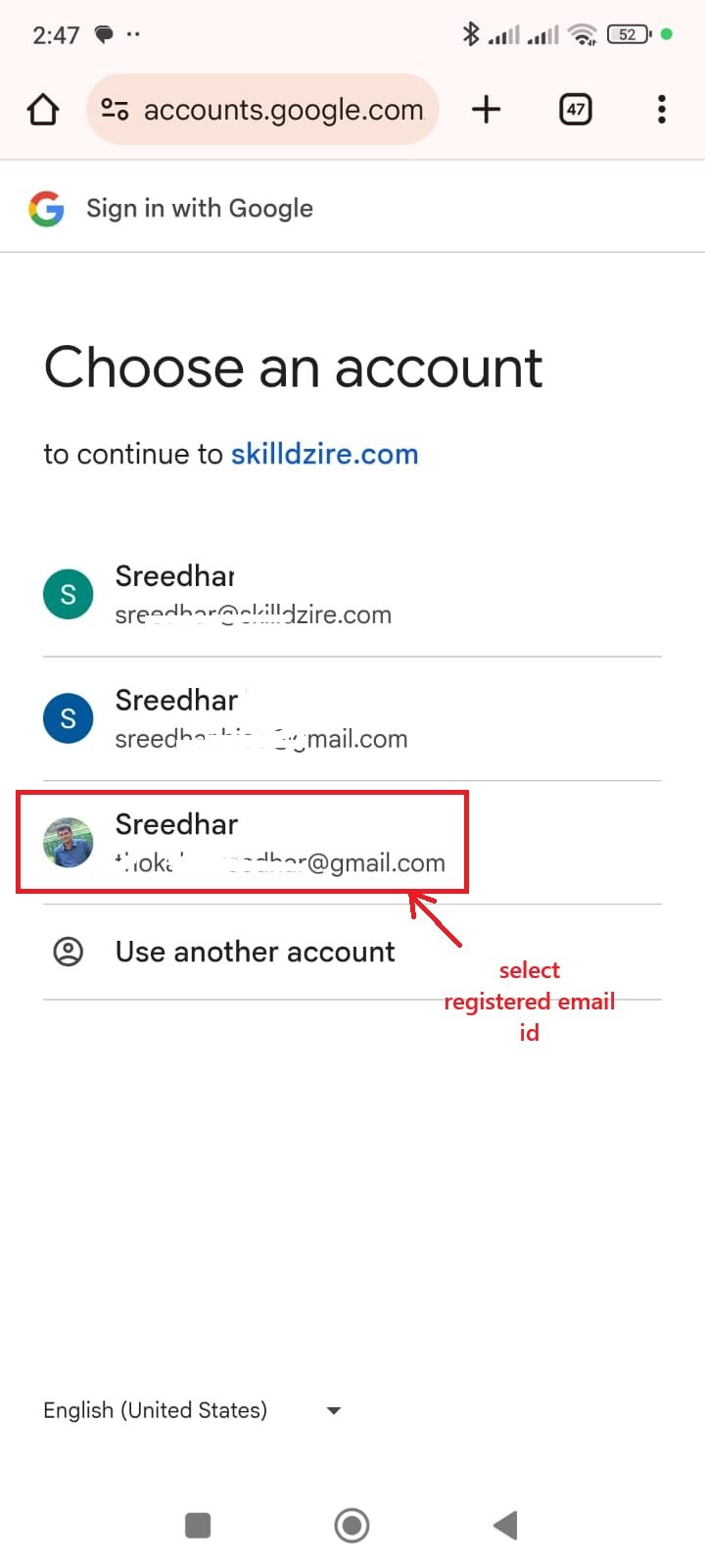 Select Registered Email on Mobile