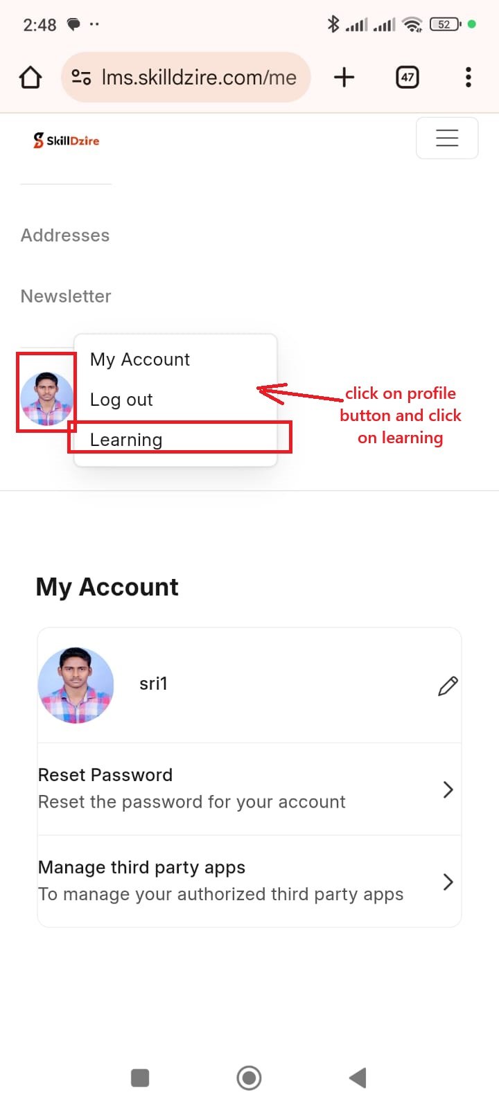 Select Learning from Profile on Mobile